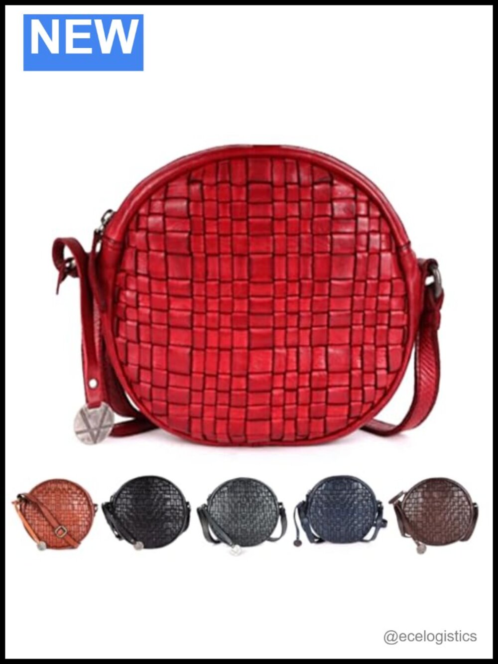 Genuine Leather Round Crossbody Bag with Adjustable Strap for Women